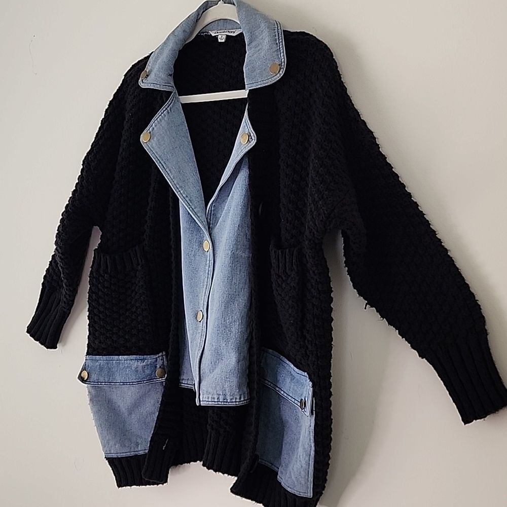 Davi & Dani Denim Collar Black Chuncky Knit  Button Front Cardigan Oversized S - Picture 6 of 14